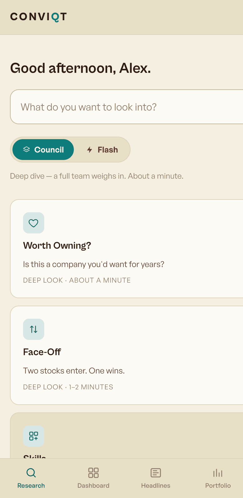 The Conviqt Research screen on a phone: “What do you want to look into?” with one-tap skills